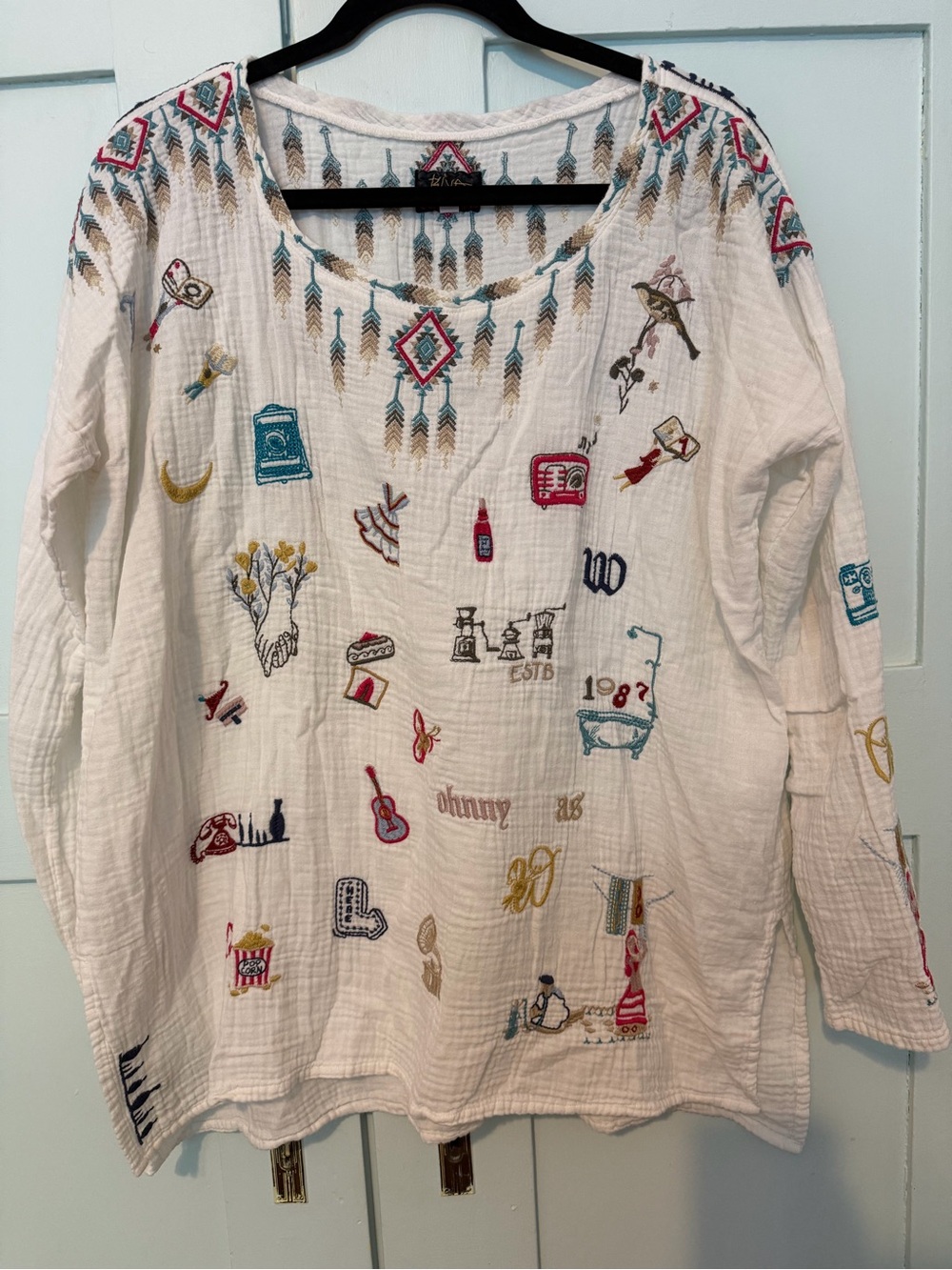 Embroidered White Cotton Peasant Top from Johnny Was, size XL